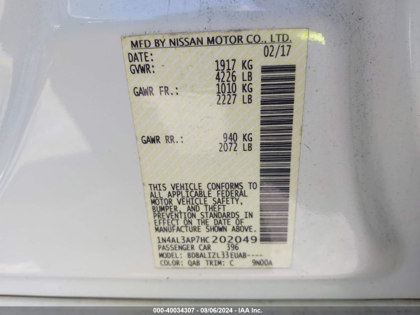 1N4AL3AP7HC202049 2017 Nissan Altima 2.5 Sv