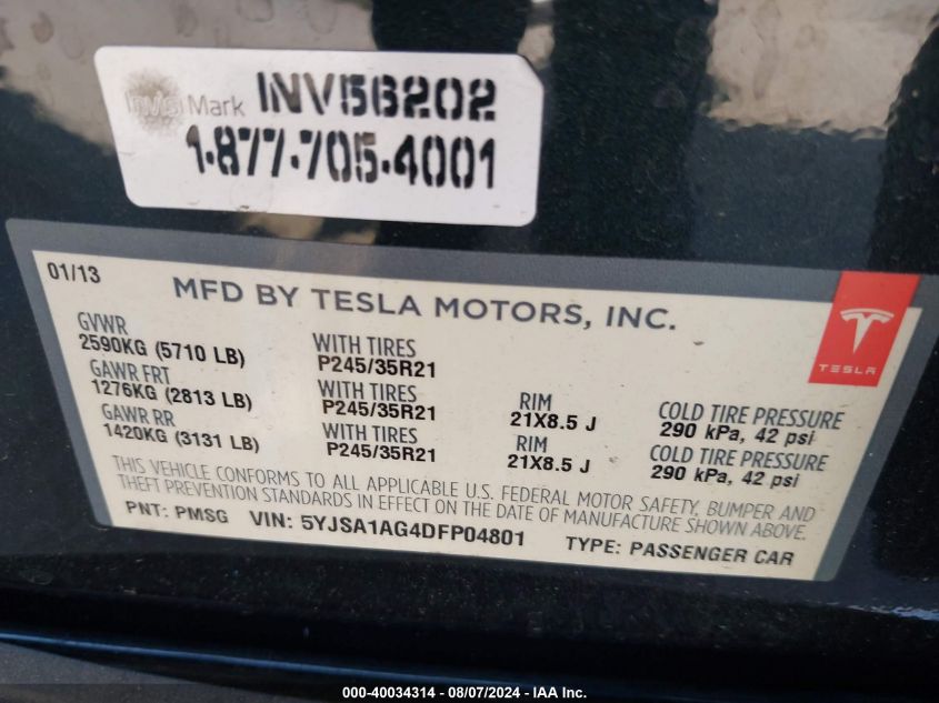 2013 Tesla Model S VIN: 5YJSA1AG4DFP04801 Lot: 40034314