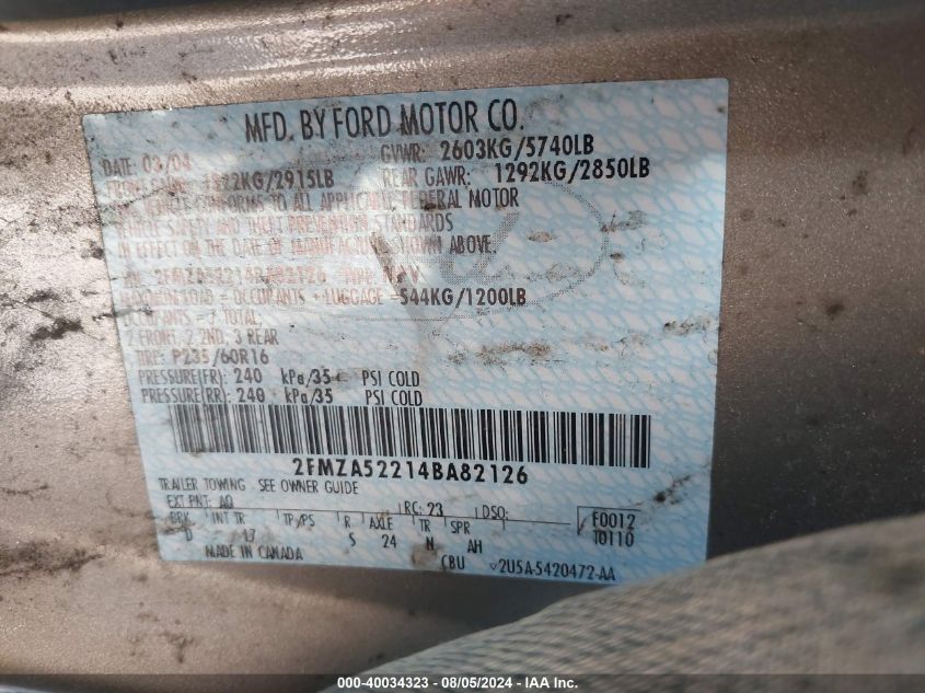 2004 Ford Freestar Sel VIN: 2FMZA52214BA82126 Lot: 40034323