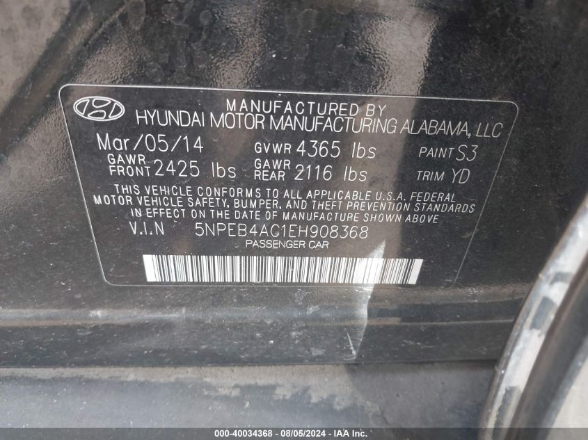 2014 HYUNDAI SONATA GLS - 5NPEB4AC1EH908368