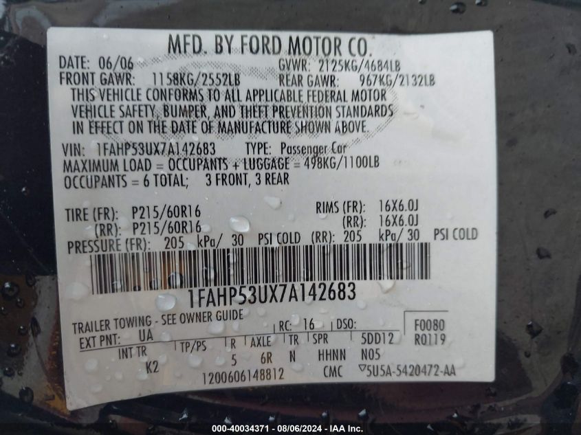 2007 Ford Taurus Se VIN: 1FAHP53UX7A142683 Lot: 40034371