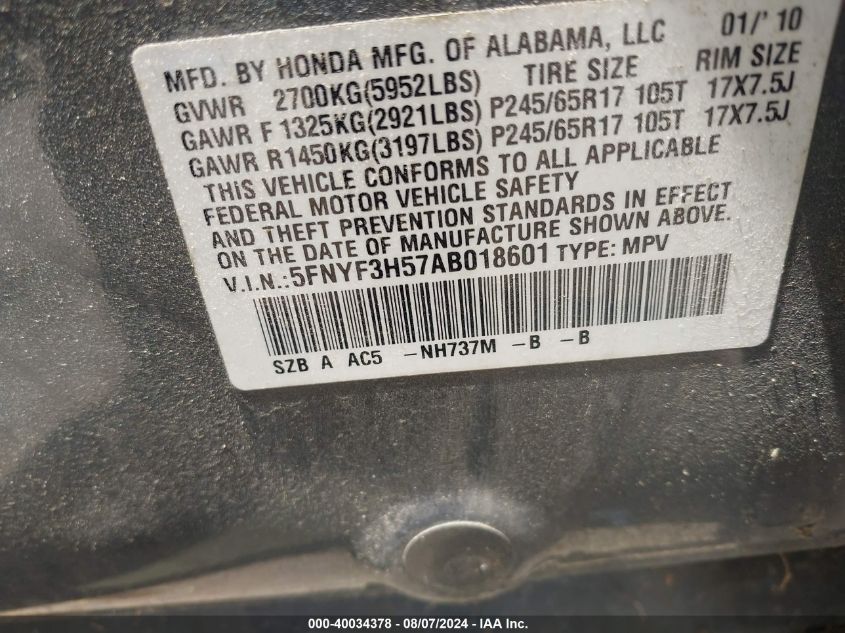 2010 Honda Pilot Exl VIN: 5FNYF3H57AB018601 Lot: 40034378