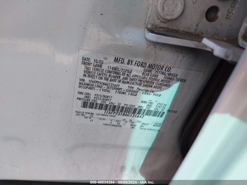 2006 Ford Five Hundred Se VIN: 1FAFP23186G131642 Lot: 40034384