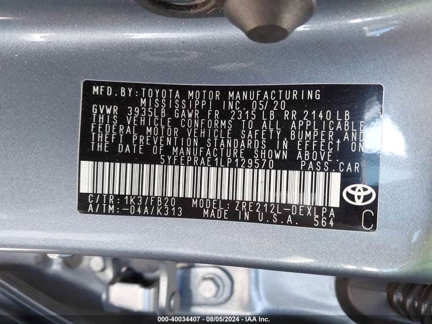 2020 TOYOTA COROLLA LE - 5YFEPRAE1LP129570