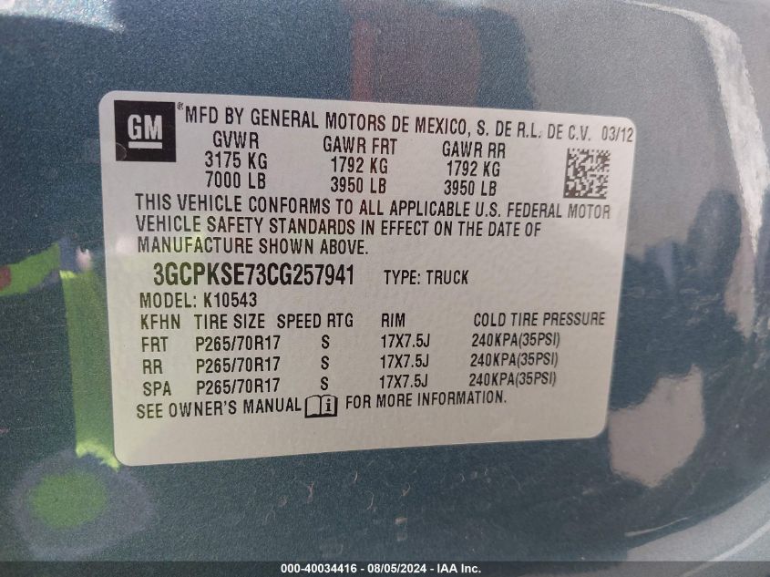 2012 Chevrolet Silverado 1500 Lt VIN: 3GCPKSE73CG257941 Lot: 40034416