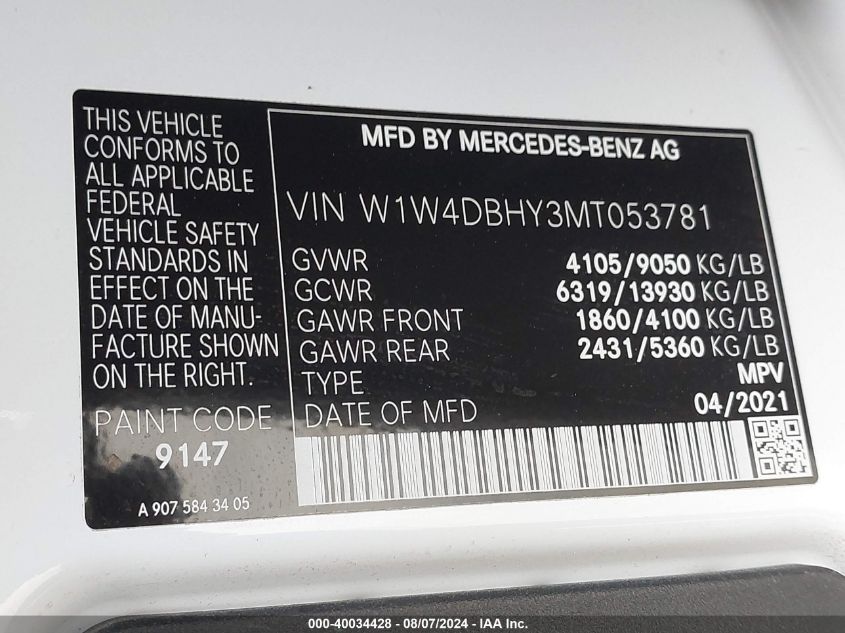 W1W4DBHY3MT053781 2021 Mercedes-Benz Sprinter 2500 2500