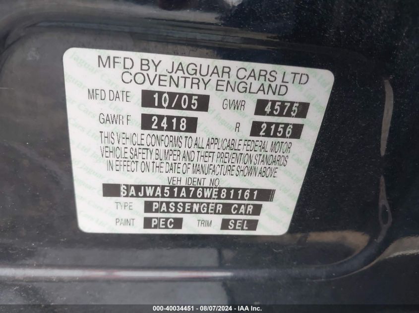 2006 Jaguar X-Type 3.0 VIN: SAJWA51A76WE81161 Lot: 40034451