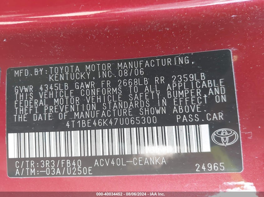 2007 Toyota Camry Le VIN: 4T1BE46K47U065300 Lot: 40034452