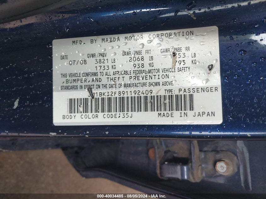 2009 Mazda Mazda3 I VIN: JM1BK32F891192409 Lot: 40034485