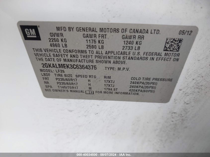 2012 GMC Terrain Sle-1 VIN: 2GKALMEK3C6364376 Lot: 40034500