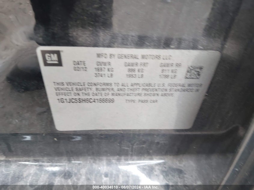 2012 Chevrolet Sonic 2Lt VIN: 1G1JC5SH6C4166699 Lot: 40034510