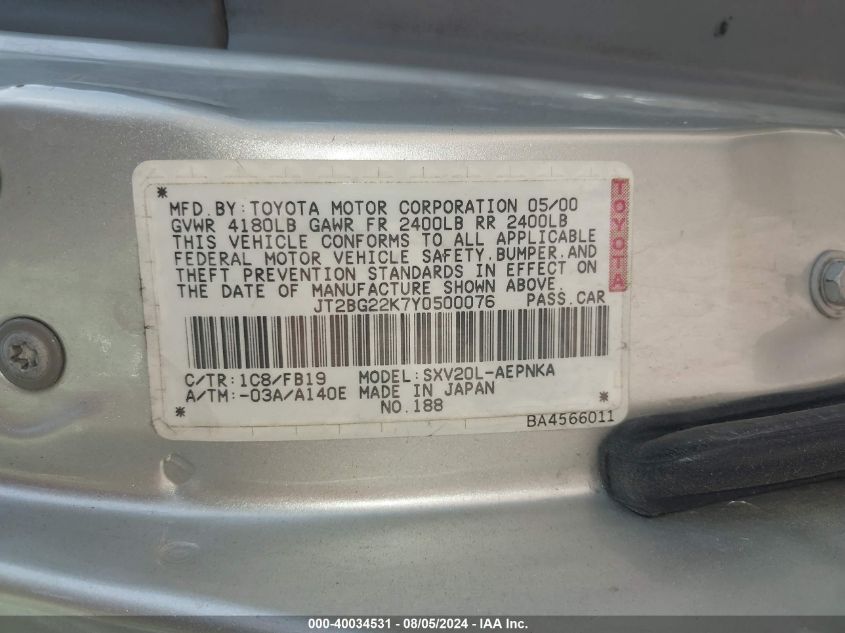 2000 Toyota Camry Le VIN: JT2BG22K7Y0500076 Lot: 40034531