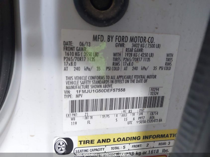 2013 Ford Expedition Xl VIN: 1FMJU1G50DEF57558 Lot: 40034533