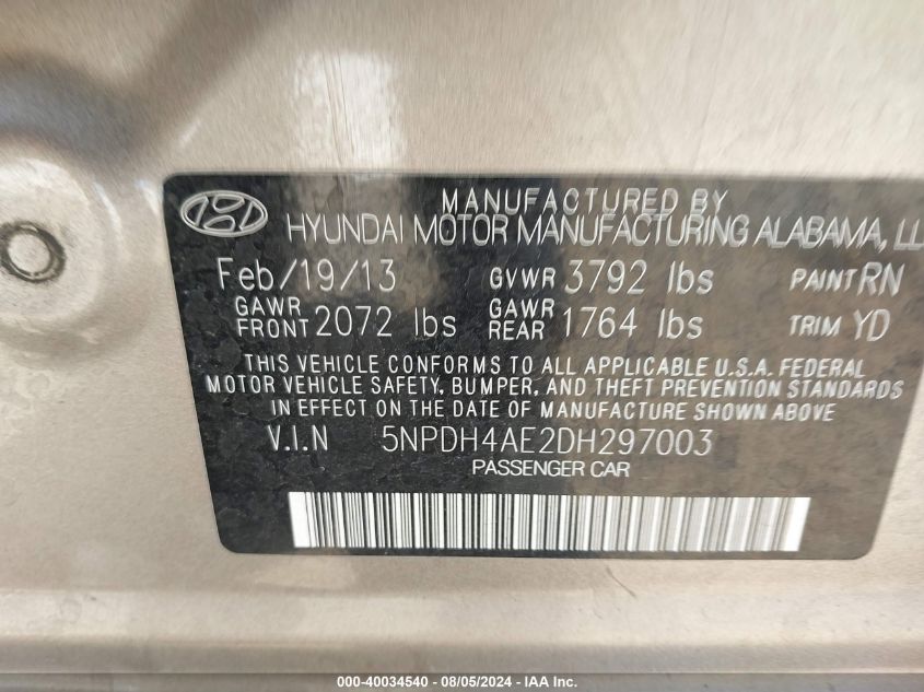 2013 Hyundai Elantra Gls VIN: 5NPDH4AE2DH297003 Lot: 40034540