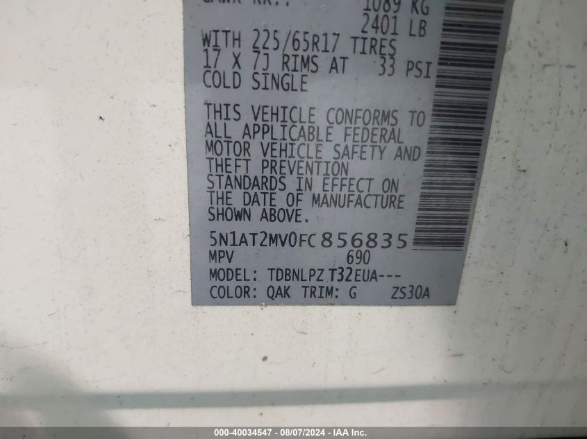 2015 Nissan Rogue S VIN: 5N1AT2MV0FC856835 Lot: 40034547