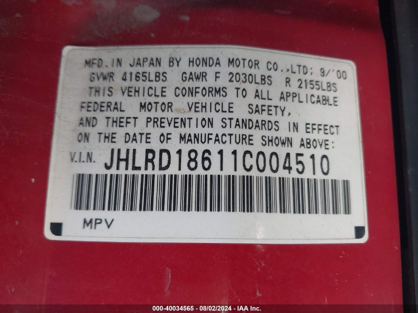 2001 Honda Cr-V Ex VIN: JHLRD18611C004510 Lot: 40034565