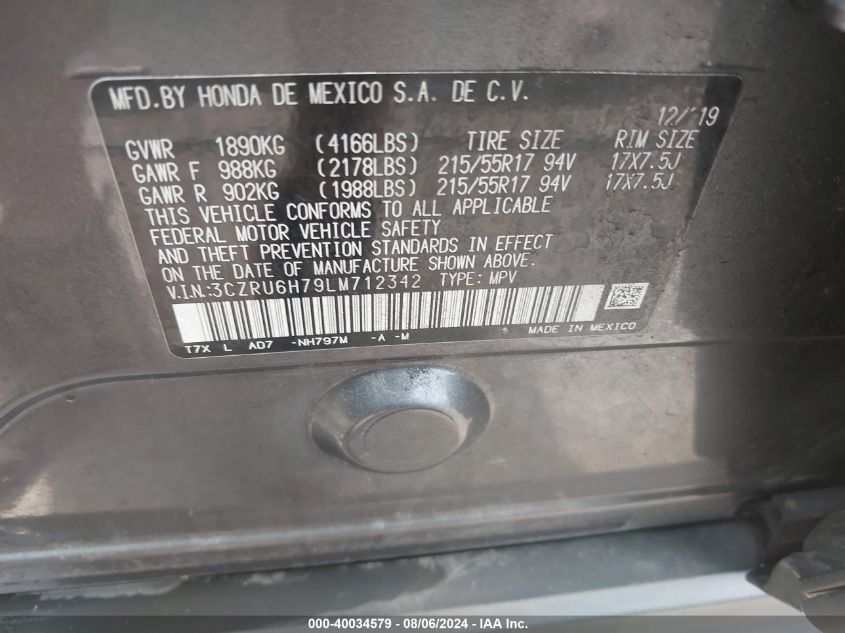 2020 Honda Hr-V Awd Ex-L VIN: 3CZRU6H79LM712342 Lot: 40034579