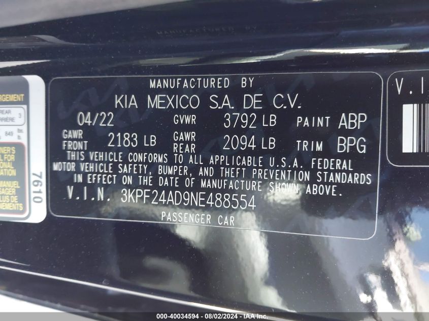 2022 Kia Forte Lxs VIN: 3KPF24AD9NE488554 Lot: 40034594