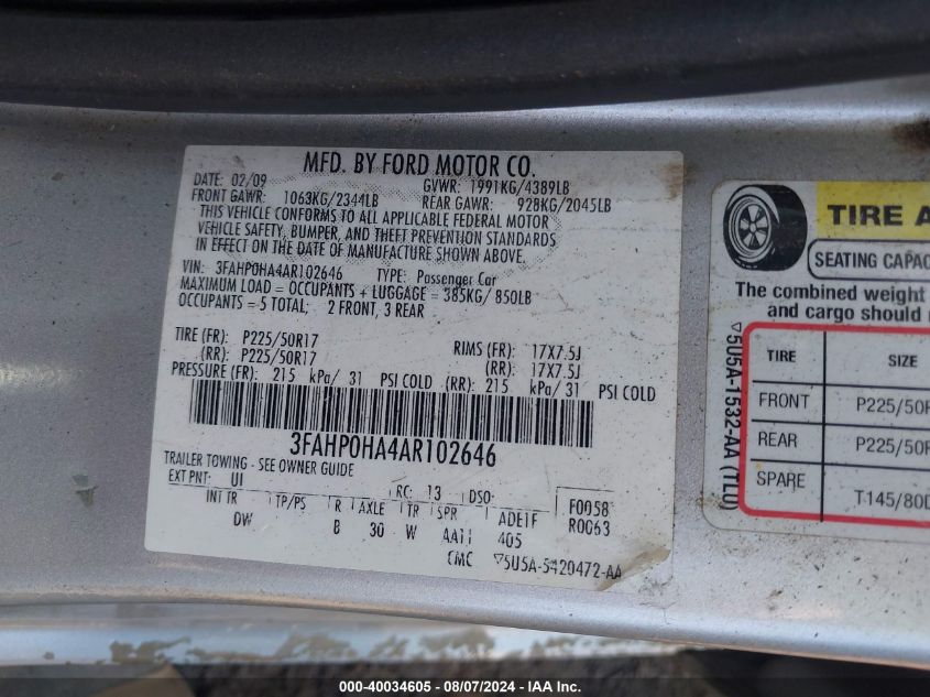 2010 Ford Fusion Se VIN: 3FAHP0HA4AR102646 Lot: 40034605