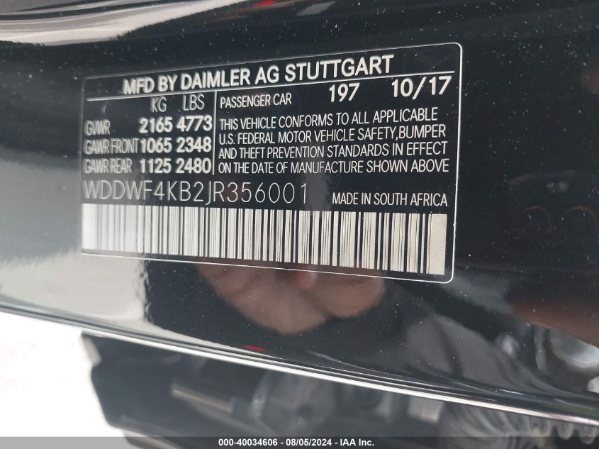 2018 Mercedes-Benz C 300 4Matic VIN: WDDWF4KB2JR356001 Lot: 40034606