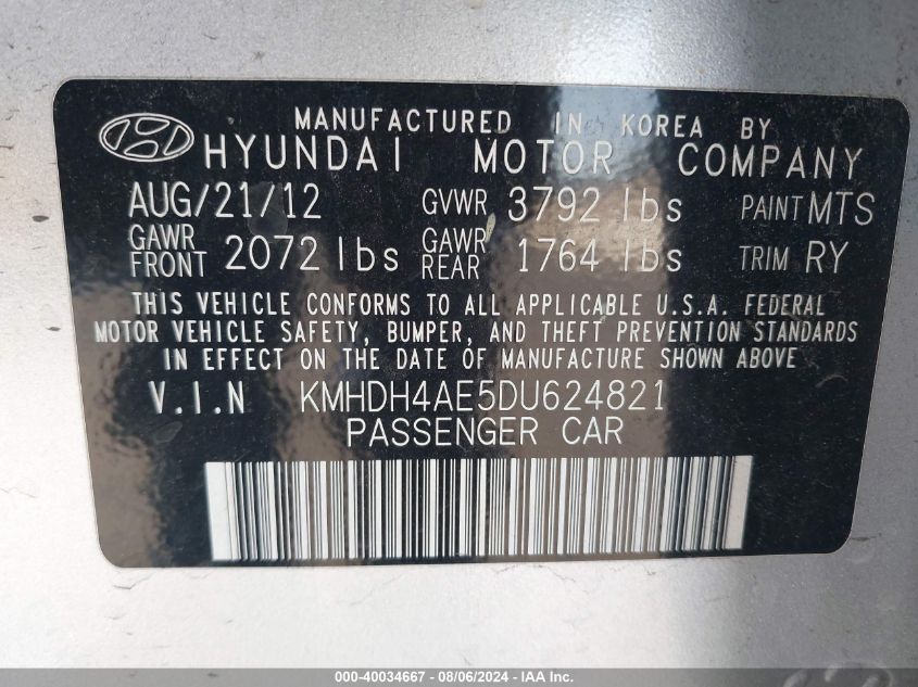 2013 Hyundai Elantra Limited VIN: KMHDH4AE5DU624821 Lot: 40034667