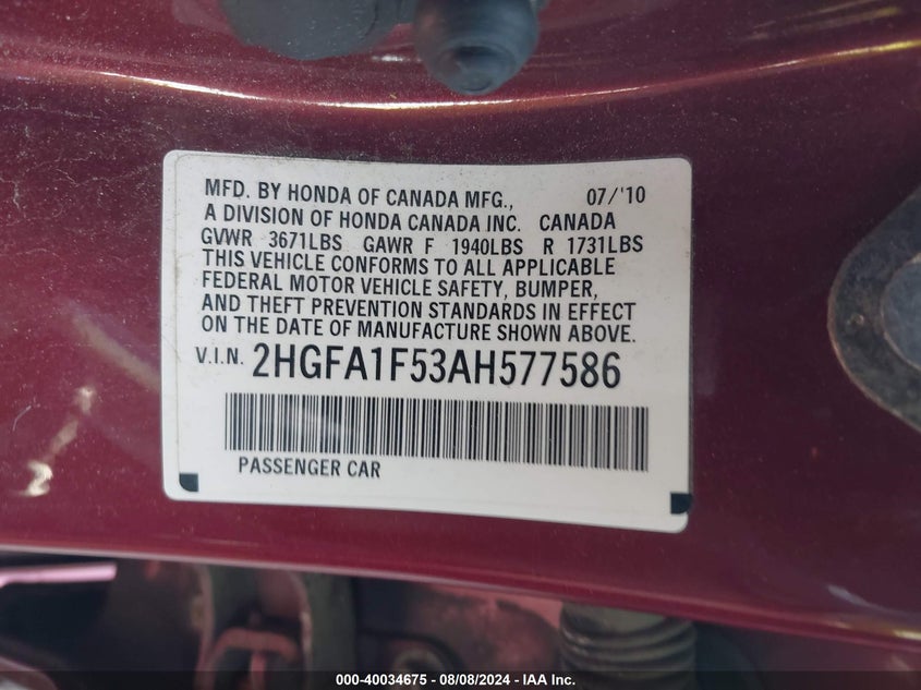 2010 Honda Civic Lx VIN: 2HGFA1F53AH577586 Lot: 40034675