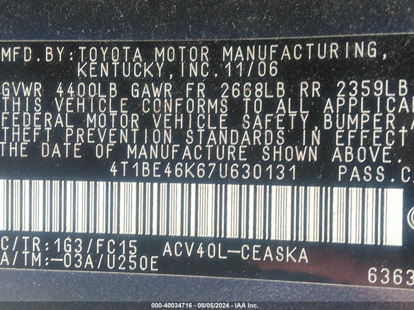 2007 Toyota Camry Se VIN: 4T1BE46K67U630131 Lot: 40034716