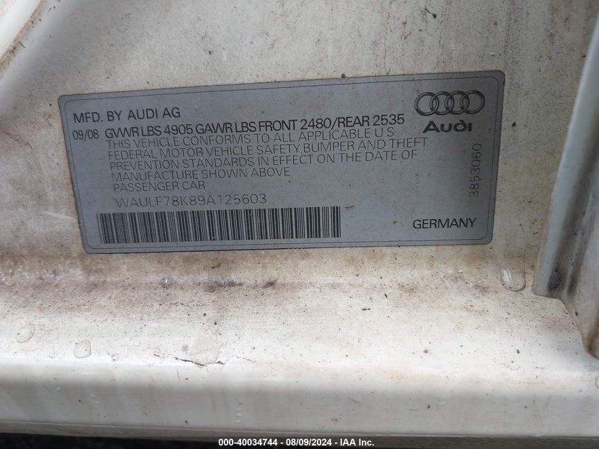 2009 Audi A4 2.0T Premium VIN: WAULF78K89A125603 Lot: 40034744