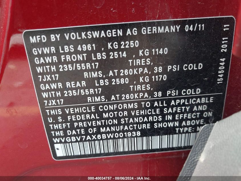 2011 Volkswagen Tiguan Se 4Motion VIN: WVGBV7AX6BW001938 Lot: 40034757