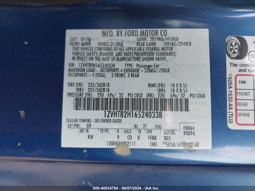 2006 Ford Mustang Gt VIN: 1ZVHT82H165240338 Lot: 40034784