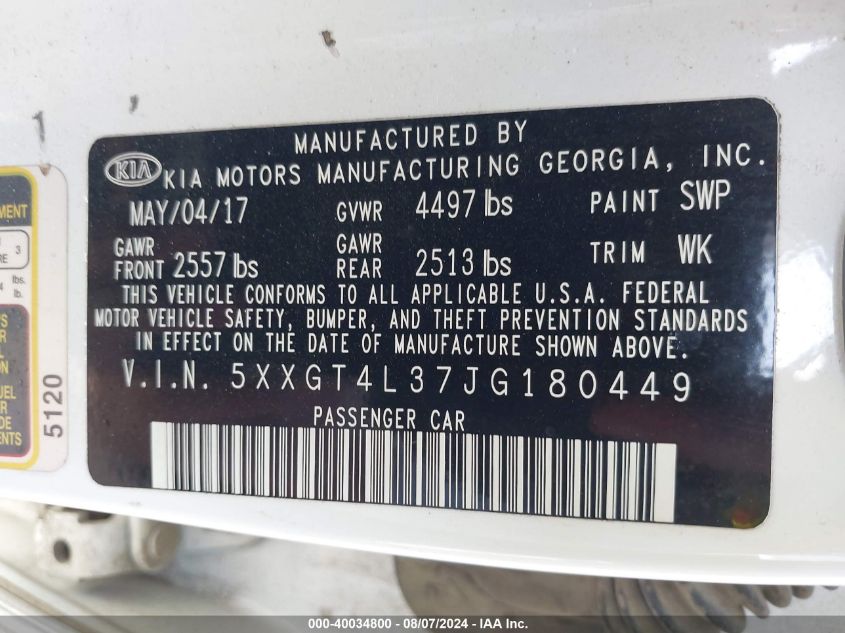 2018 Kia Optima Lx VIN: 5XXGT4L37JG180449 Lot: 40034800