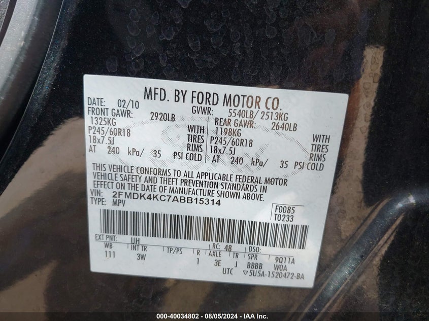 2010 Ford Edge Limited VIN: 2FMDK4KC7ABB15314 Lot: 40034802