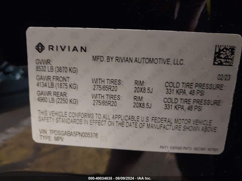 2023 Rivian R1S Adventure VIN: 07PDSGABA5PN00537 Lot: 40034835