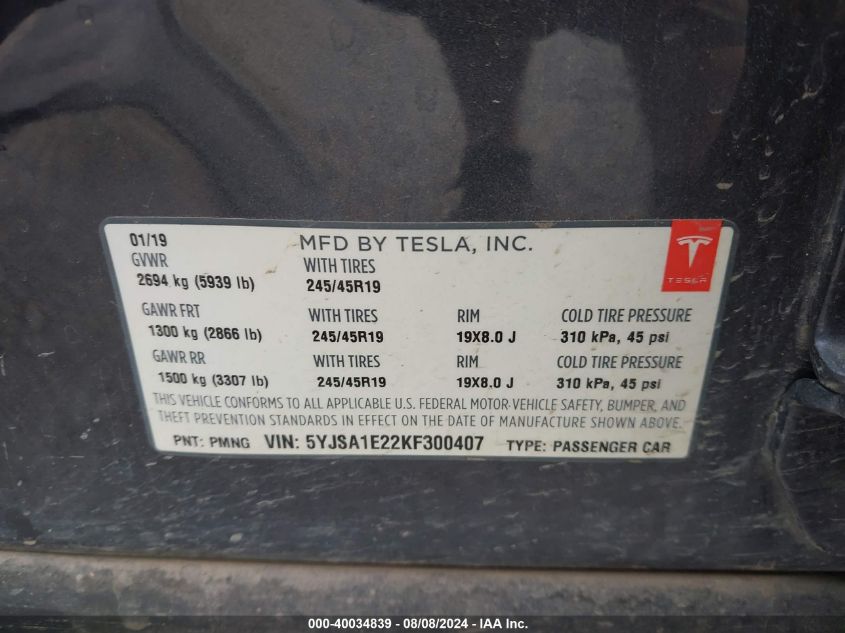 5YJSA1E22KF300407 2019 Tesla Model S 100D/75D/Long Range/Standard Range