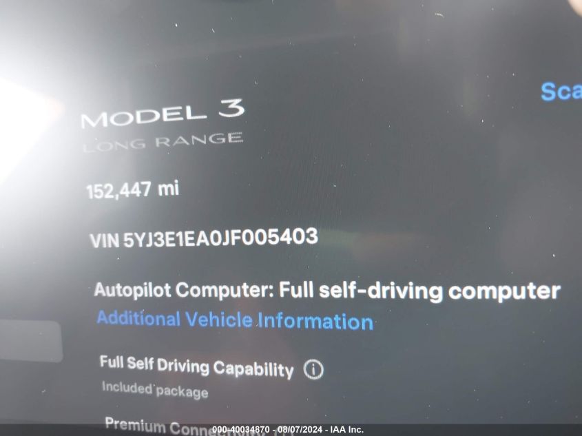 2018 Tesla Model 3 Long Range/Mid Range VIN: 5YJ3E1EA0JF005403 Lot: 40034870