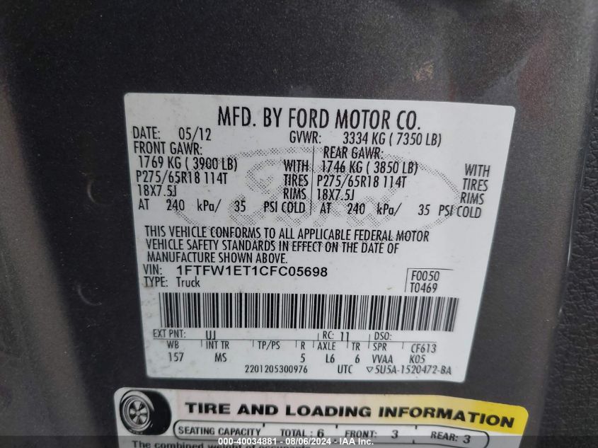 1FTFW1ET1CFC05698 | 2012 FORD F-150