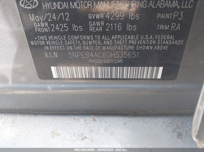 2013 HYUNDAI SONATA GLS - 5NPEB4AC6DH535651