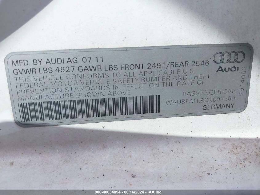 2012 Audi A4 2.0T Premium VIN: WAUBFAFL8CN003960 Lot: 40034894