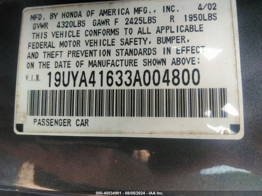 2003 Acura Cl 3.2 Type S Manual VIN: 19UYA41633A004800 Lot: 40034901