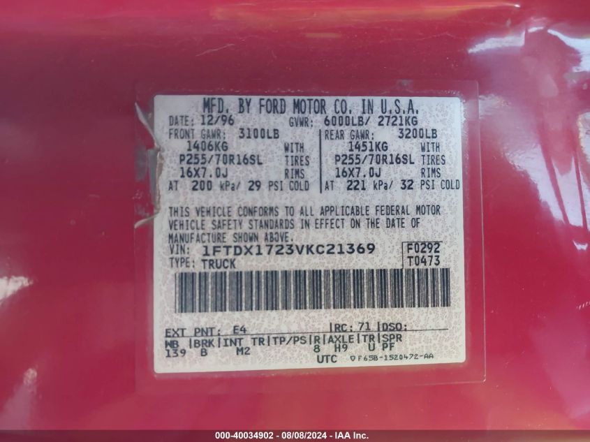 1997 Ford F-150 Standard/Xl/Xlt VIN: 1FTDX1723VKC21369 Lot: 40034902
