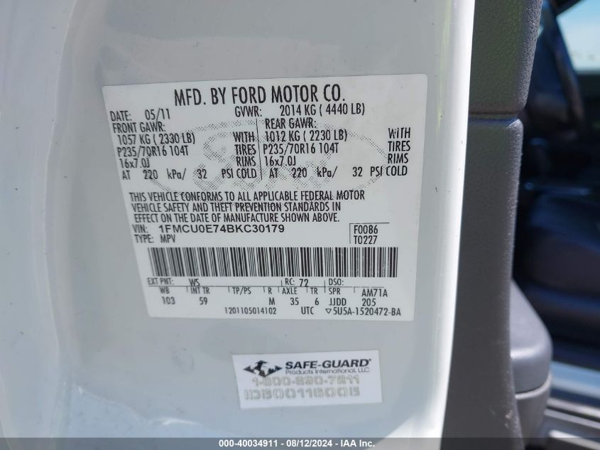 2011 Ford Escape Limited VIN: 1FMCU0E74BKC30179 Lot: 40034911