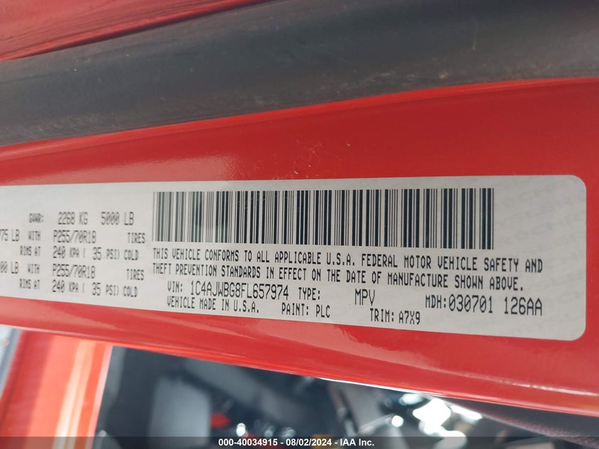 2015 Jeep Wrangler Sahara VIN: 1C4AJWBG8FL657974 Lot: 40034915