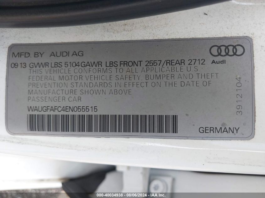 2014 Audi A6 2.0T Premium VIN: WAUGFAFC4EN055515 Lot: 40034938