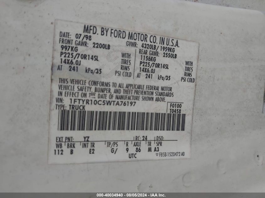 1998 Ford Ranger Splash/Xl/Xlt VIN: 1FTYR10C5WTA76197 Lot: 40034940