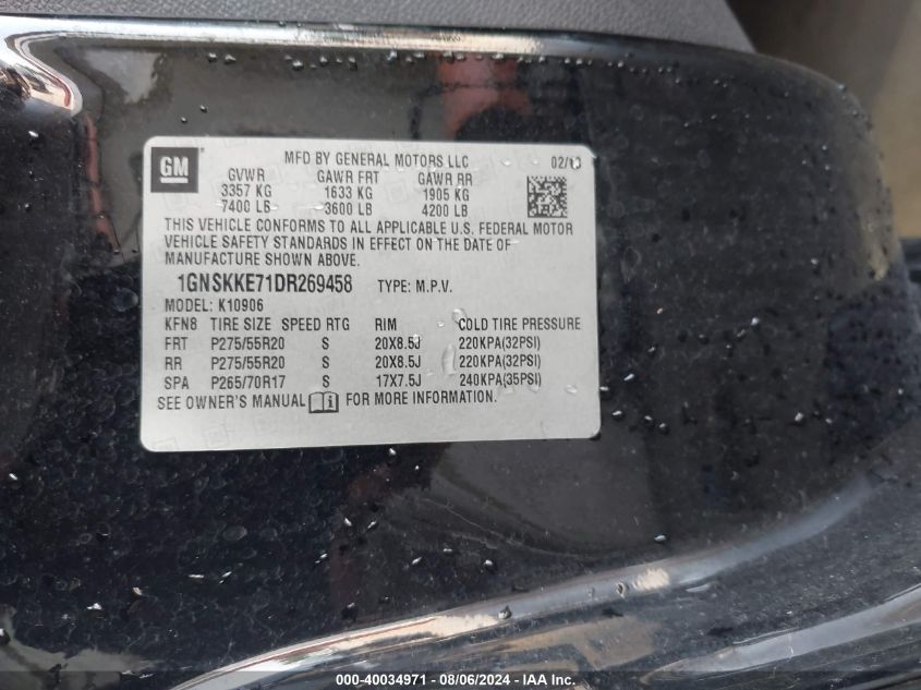 2013 Chevrolet Suburban 1500 Ltz VIN: 1GNSKKE71DR269458 Lot: 40034971