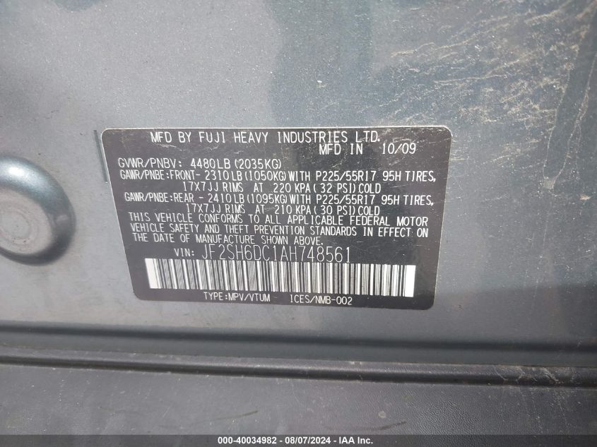 2010 Subaru Forester 2.5X Limited VIN: JF2SH6DC1AH748561 Lot: 40034982
