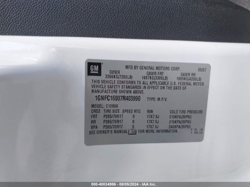 2007 Chevrolet Suburban 1500 Ls VIN: 1GNFC16007R403990 Lot: 40034986