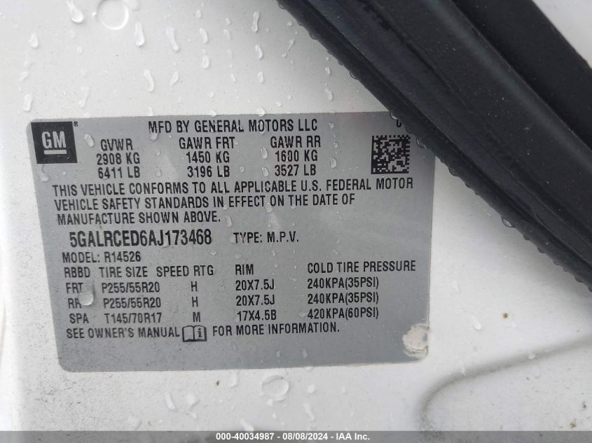 2010 Buick Enclave 2Xl VIN: 5GALRCED6AJ173468 Lot: 40034987