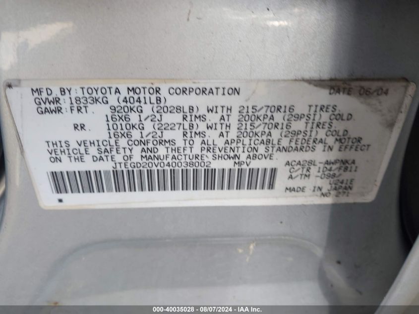 2004 Toyota Rav4 VIN: JTEGD20V040038002 Lot: 40035028