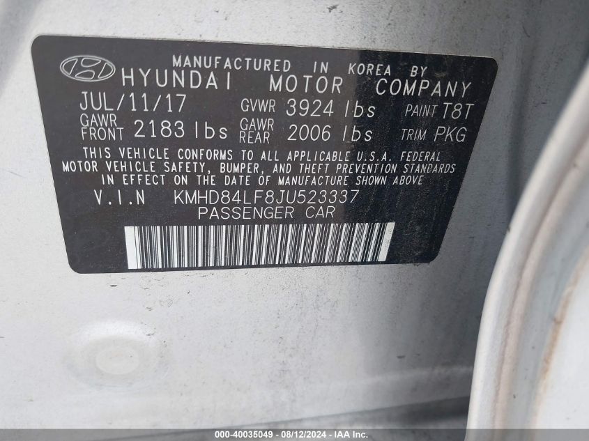 2018 Hyundai Elantra Sel VIN: KMHD84LF8JU523337 Lot: 40035049